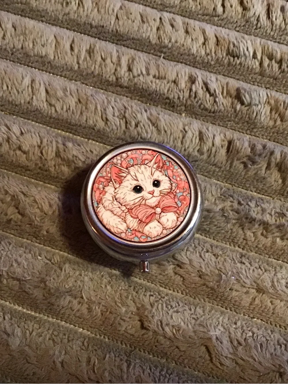 Cute Cat Pill Box with Pink Floral Art